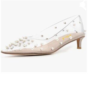 FSJ Transparent Kitten Heels Pointed Toe Handmade Pearls Slip On Clear PVC Pumps